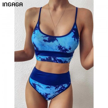 INGAGA High Waist Bikinis 2021 Swimwear Women Push Up Swimsuits Solid Brazilian Bikini Ribbed Biquini Strap Swim Bathing Suits
